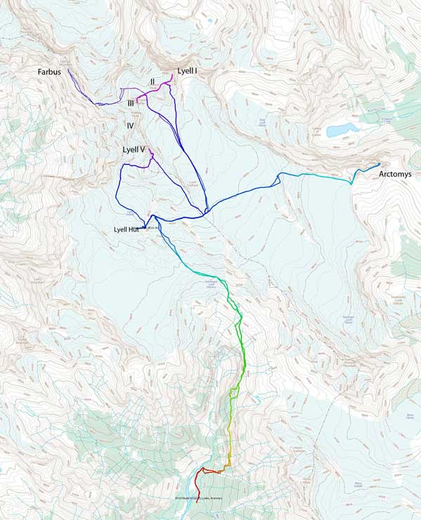 Approach and ascent routes for Lyells 1, 2, 3, 5, Farbus Mountain and Arctomys Peak