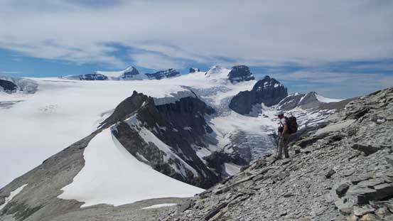 Ben with the impressive icefalls behind