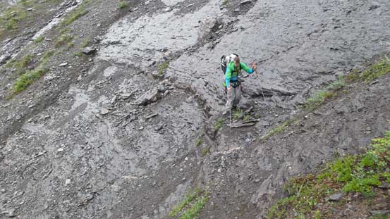 Slippery down-sloping terrain