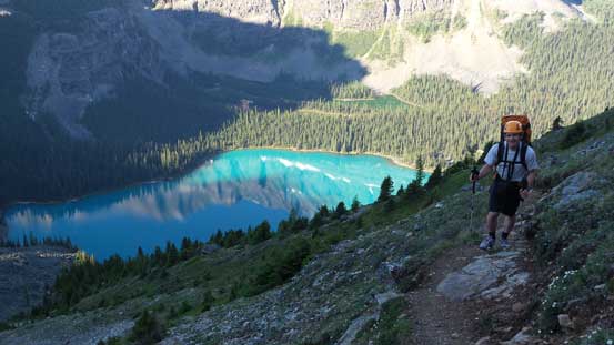 Ferenc coming up Wiwaxy trail, with Lake O'Hara behind