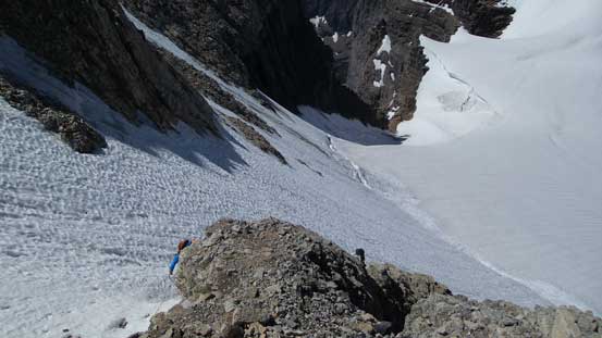 Finishing the steep snow section above the 'schrund