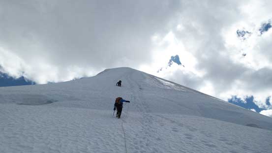 Back across the sagging bergschrund...
