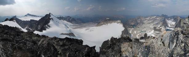 A smoky panorama view from the summit. Click to view large size.