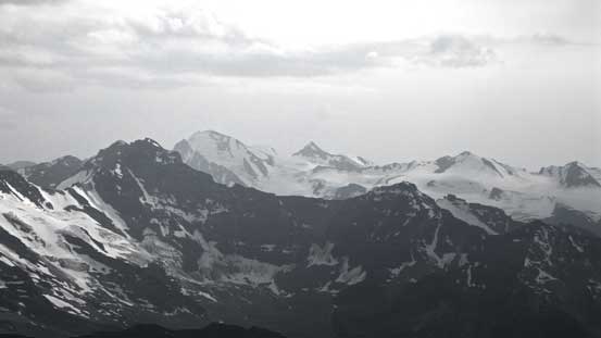 Eyebrow Peak is the glaciated giant. To its right is Birthday Peak