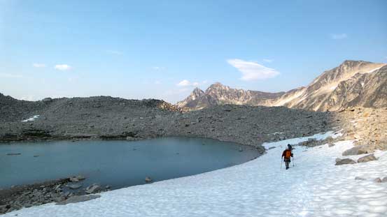 Walking around the uppermost lake on a snow field