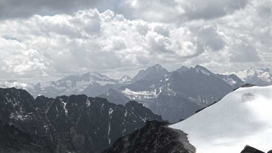The glaciated Mt. Delphine and the rocky Mt. Farnham - 2 of the Purcell 11,000ers