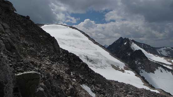 A view of the glaciated Leitrim Peak from partway down from Antrim