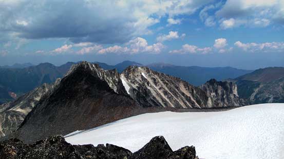 Looking back across the upper glacier towards Antrim Peak