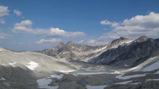 A look towards the uppermost glacial lake and the Irish Peaks
