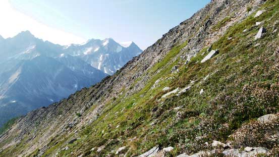 Steep side-hilling on grass around Harlech Peak