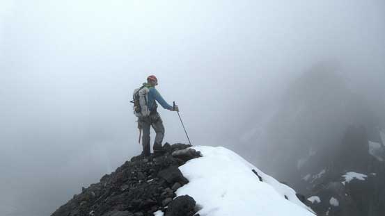 Vern on the false summit, checking out the route in a white-out
