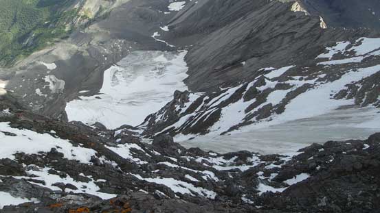 Looking down the steep NW Face route