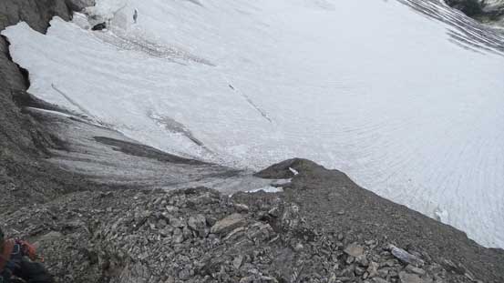 Looking down the steep section below the col. We went down the rock and then ice and finally snow