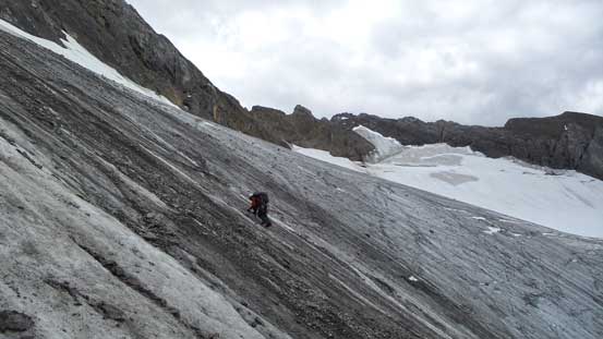 Ben down-climbing the typical black ice
