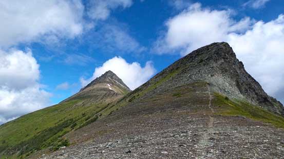 From the saddle, looking up. We went up and over the bump to the right