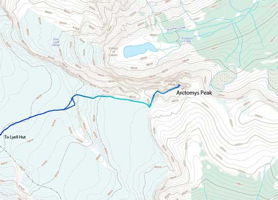 Ascent route of Arctomys Peak from Lyell Hut