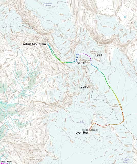 Farbus Mountain ascent route from Lyell Hut over Lyell II/III col