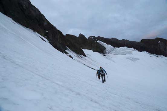 Traversing on the glacier bench after ascending the nasty ice 
