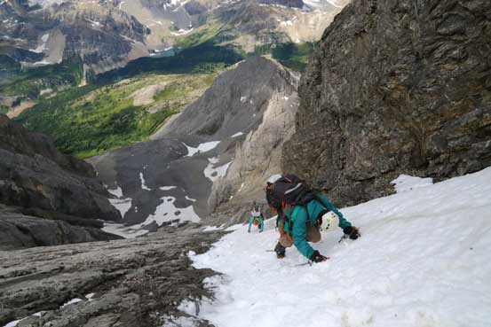Me down-climbing another (longer) snow gully. Photo by Ben