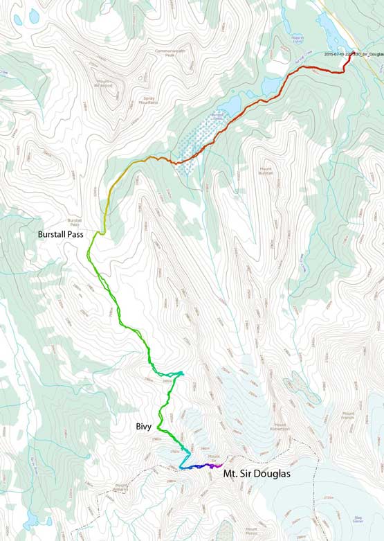Approach and ascent route for Mt. Sir Douglas via W. Ridge