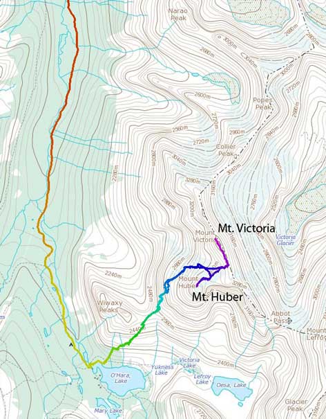 Ascent route for Mt. Victoria and Mt. Huber