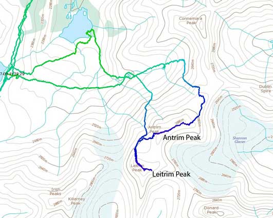 Antrim Peak and Leitrim Peak. (GPS Track recorded by Ben so not my ascent route)
