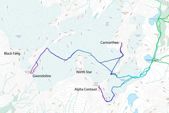 Ascent routes for Gwendoline Mountain and peaks nearby from Welsh Lakes