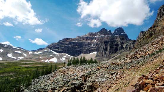 Looking back towards Wenkchemna Peak and Hungabee Mountain