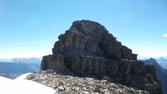 The final summit tower. Another 4th class band leading to the final rock wall - the crux.