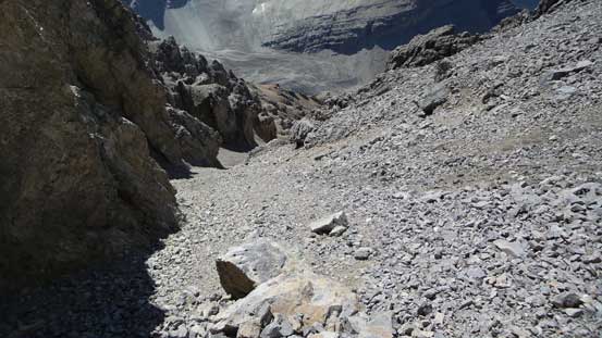 Descending the loose upper gully