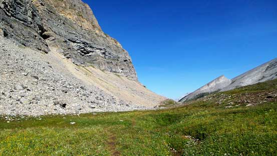Hiking across a wide alpine meadow