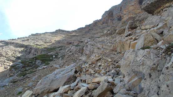 Ascending the loose scree ramp towards the high col