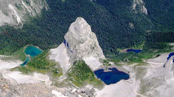 My favourite view from the summit - looking down at Bogart Tower and Memorial Lakes