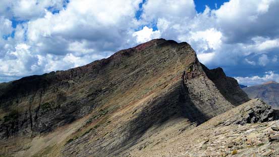 Looking ahead to the traverse to the higher peak