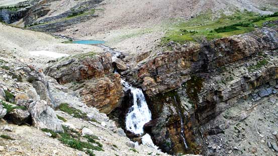 Looking down at the waterfall draining from the lower Totem Lake