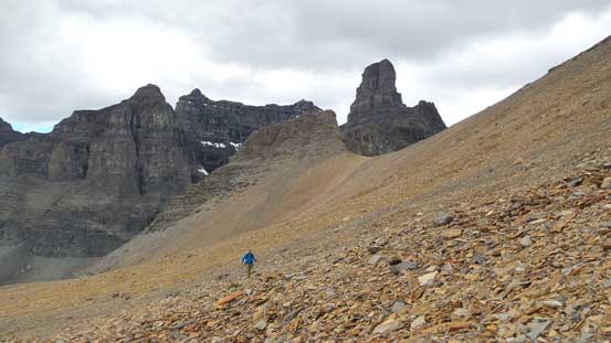Vern ascending the typical scree towards the first shoulder of the unnamed peak