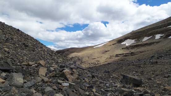 Looking back from the bowl of boulders... We descended from the obvious shoulder
