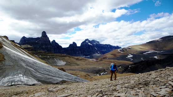 Down the lowest saddle now... Murchison Towers behind