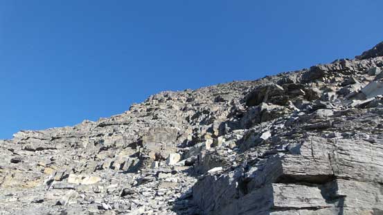 The terrain immediately above the crux - very loose