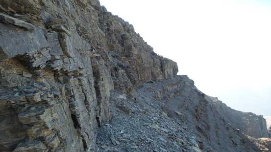 Route-finding through the difficult rock band on the summit block