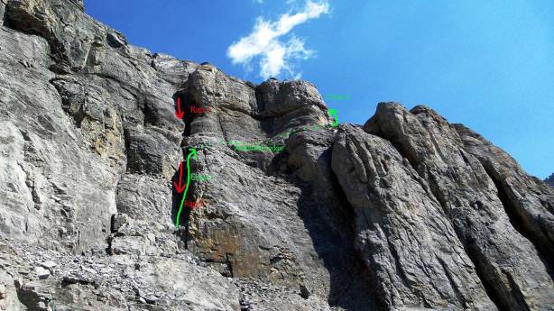 A review shot of the crux with my route shown. Click to view large size.