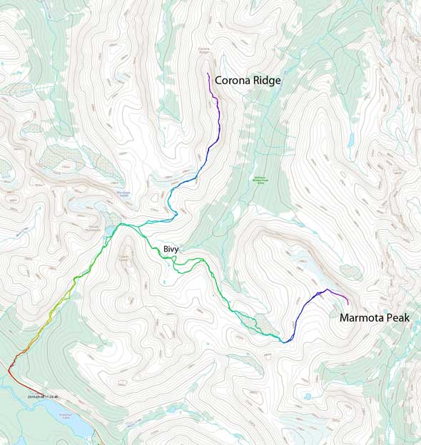 Corona Ridge and Marmota Peak ascent route via Totem Creek