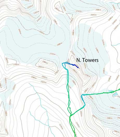 The ascent route for North Towers of Mt. Saskatchewan