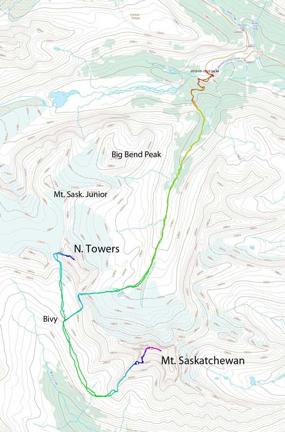 The approach and ascent route of Mt. Saskatchewan and its North Towers