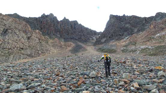 Maury approaching our ascending gully