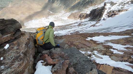 Maury inspecting the crux down-climb