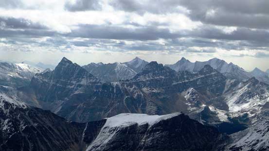 Roche Noire, Basillica and Curia, with high peaks in Trident Range poking behind