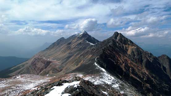 Looking back towards Frontier Peak (R) and Bucephalus Peak (L)