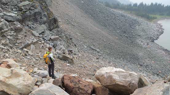Another boulder/scree slopes to descent. We totally didn't know where the trail was...
