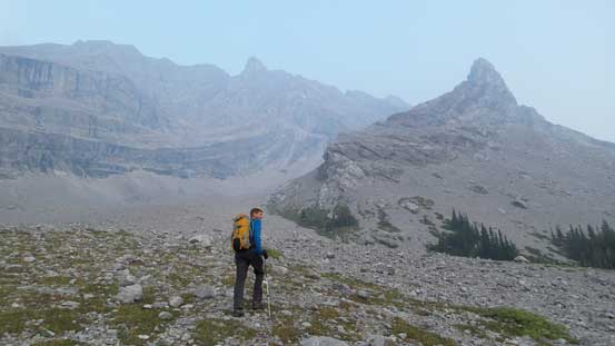 Maury ascending the typical scree on the lower slopes
